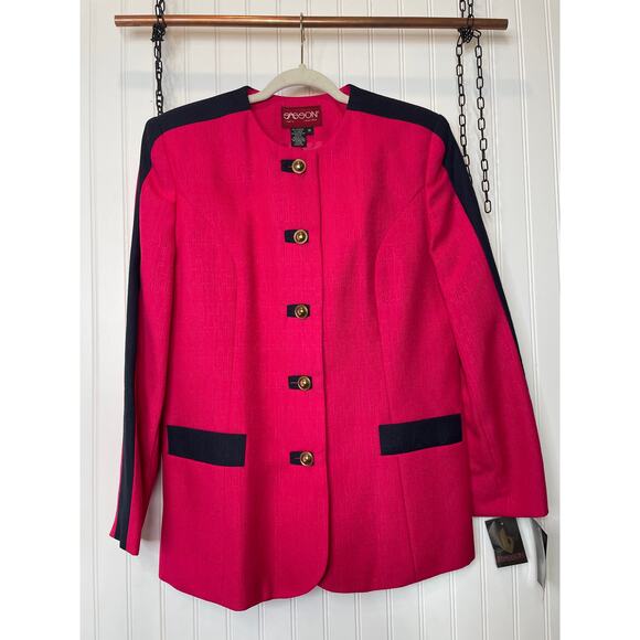 NWT Vintage SASSON Paris New York Blazer Jacket Pink Navy 80s / 90s Size 14 - Picture 1 of 7